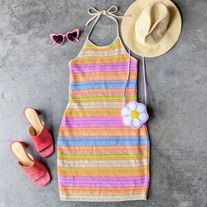 House of Harlow 1960 Colorful Striped Crochet Knit Halter Mini Dress small
